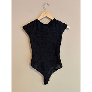 Papaya Black Embroidered Mesh Bodysuit Open Back Cap Sleeve Small